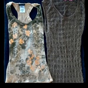 Guess Olive Green Mesh Floral Tank Top with Beige Flowers
